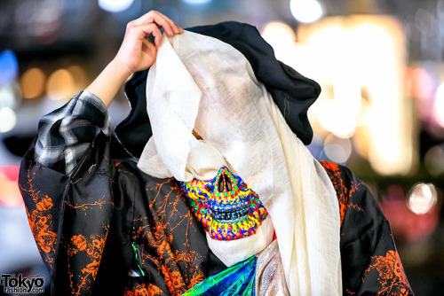 17-year-old Japanese high school student Kanji on the street in Harajuku wearing an avantgarde handm