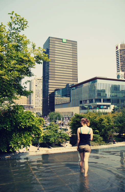 Savannah being a rebel and trespassing on the law court’s rooftop fountain in Vancouver, BCJuly 2015