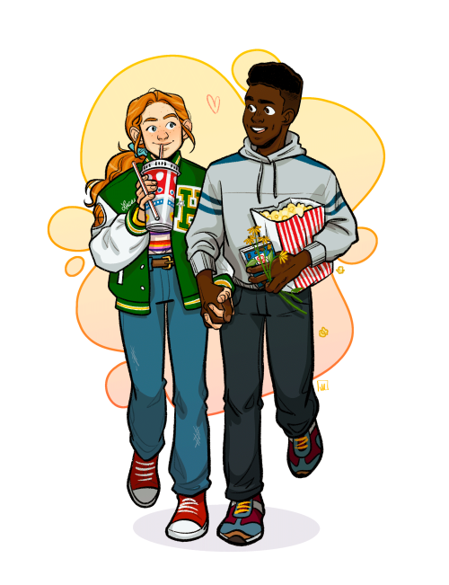 Max and Lucas holding hands on their movie date. Max wears Lucas' letterman jacket and Lucas holds popcorn, candy, and flowers for Max.