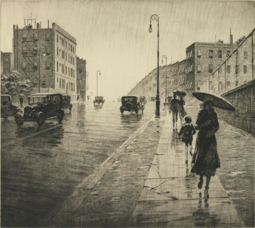 Martin Lewis Etching ‘Rainy Days, Queens’ 1931.(via rosevalleyart)