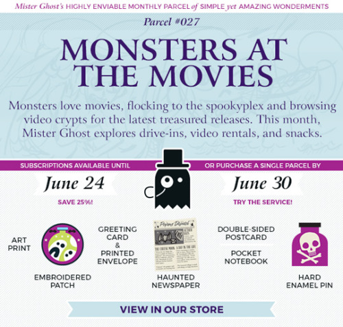 evilsupplyco:Monsters at the Movies ($12/subscription, $16/single parcel)Monsters love movies, flock