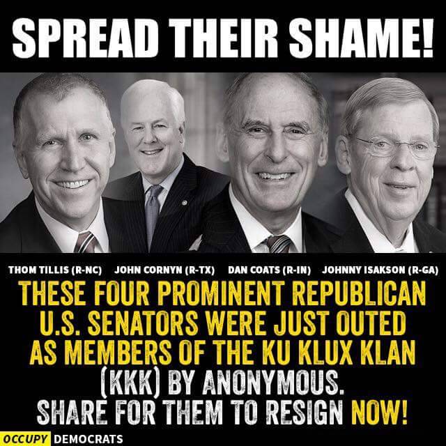 sarcasticjazz25:   apaxionar:  liberalsarecool:  Resign. NOW. #kkk  I knew Tillis