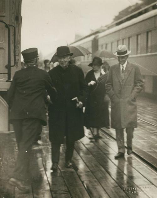 Thomas Edison and Henry Ford greeted by Michigan Central Railroad Depot, Ypsilanti, Michigan, Aretas