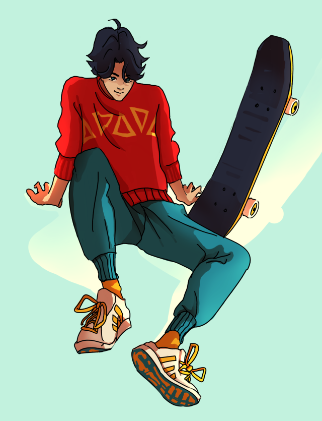 Tim drake in a red sweater sitting nonchalantly next to his skateboard.