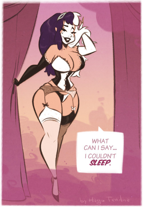 Silk - Sleepless  - Cartoon Pinup Sketch Commission  I don’t like sleeping alone, too :DThis is a commission for fellow artist gnome-oo of his OC Silk, who’s a girl who enters your dreams. I’d say she quite dreamy :)If you want a commiss