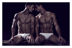 charliebymatthewzink:  #FBF Mort Twins Photographed by Daniel Jaems White Lifeguard Brief / White Sport Brief