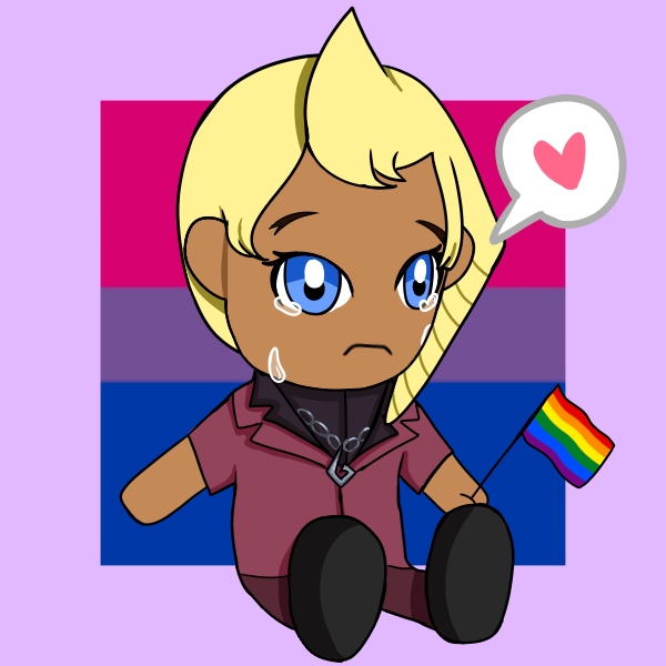 IMAGE ID: A plush doll of Klavier Gavin, made using the Be Plushpollo Picrew. He is wearing his prosecutor clothing from Ace Attorney 4. He has a bi pride flag behind him and is holding a six stripe rainbow flag in his hand. He is crying. 