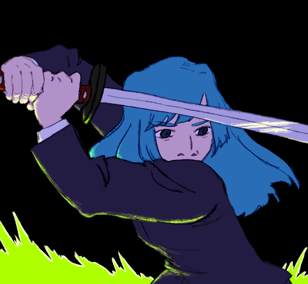 hold your stance[ID: portait of kasumi miwa from jujutsu kaisen on a black background. she holds a katana level with her forehead, parallel to the ground. her expression is serious, mouth hidden by her raised shoulder. bright green energy flares from below her.] #kasumi miwa#miwa kasumi#jjk#jujutsu kaisen#drawin#fanart #miwa :)))) shes so fun