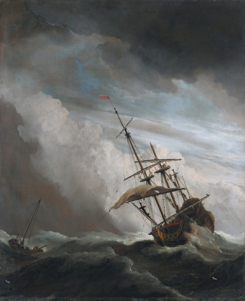 Willem van de Velde - A ship in need in a raging storm (c.1680)