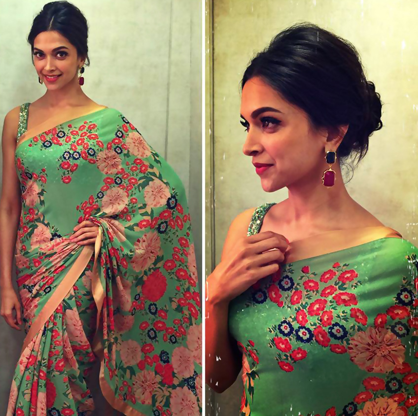 deepikapadukonee:  Deepika Padukone looking gorgeous in Green Flower Saree.  Bae