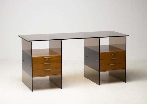 French Architectural Glass DeskExceptional 1960s glass desk reminiscent of the designs by Antoine Ph