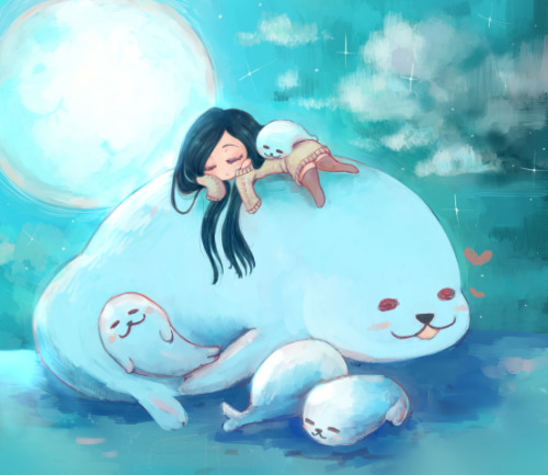 commission work - sleeping with seals under the moonlight