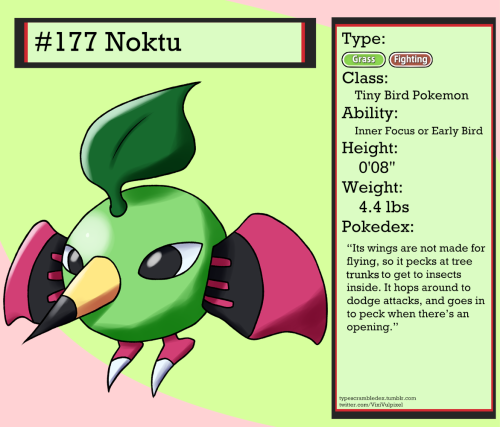 177 - NoktuTiny Bird Pokemon“Its wings are not made for flying, so it pecks at tree trunks to get to