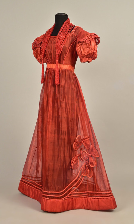 historicaldress:FRENCH GAUZE GOWN with TIPPET, 1828Cinnabar silk gauze having short, puffed satin sl