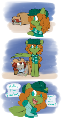 ask-crayon-the-homeless-artist:  And now to post all the beautiful artwork people were kind enough to make for little Crayon when he was.. Um, less than comfortable ^^And THIS, Kara Toon, is PRECIOUS! Hat and striped scarf ponies unite! Awwww thank you