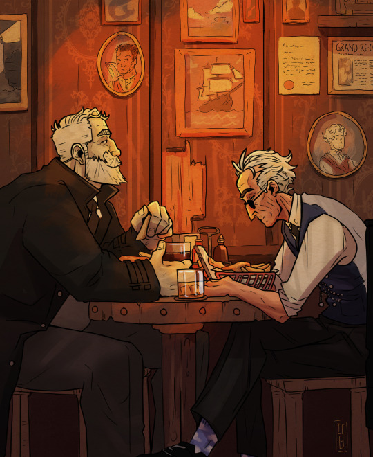 Fanart depicting Peter Lukas and Simon Fairchild from The Magnus Archives podcast, portrayed as two elderly men sitting together sharing dinner at a pub.