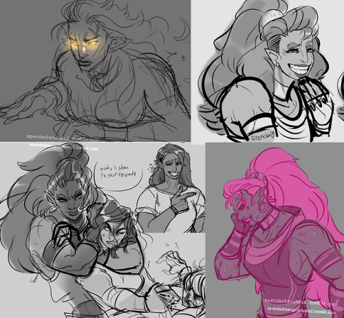 ependadrawsguildwars2: Some Toska Zelda AU stuff with a werewolf Toska in there for good measure. Toska the Gerudo sketches, feathering @therainbowcatart ‘s gal, Sam! Dont let Sam’s look fool you, she is perfectly capable of lifting Toska up like
