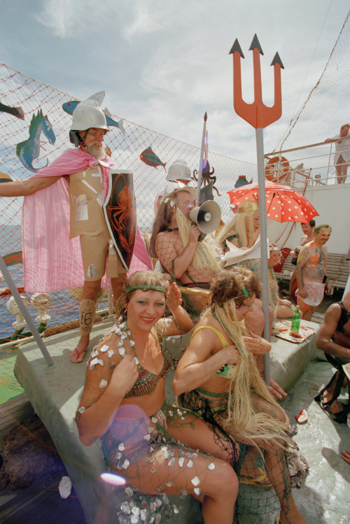 Research expedition members celebrate crossing the Equator on the Indian Ocean, July 1989.Photograph