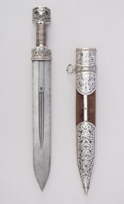 art-of-swords: Qama Dagger with Sheath Dated: 18th–19th century Culture: Caucasian Medium: steel, silver, niello, textile, silver wire Measurements: L. with sheath 18 ¾ in. (47.6 cm); L. without sheath 17 ¼ in. (43.8 cm); W. 1 15/16 in. (4.9 cm);