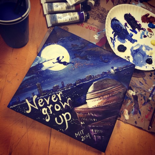 jaredstjohn:  anniedoodles:  Painted my graduation cap, ready for commencement tomorrow! Cheers MIT class of 2014 :)  I don’t even like Peter Pan and this is pretty legit 