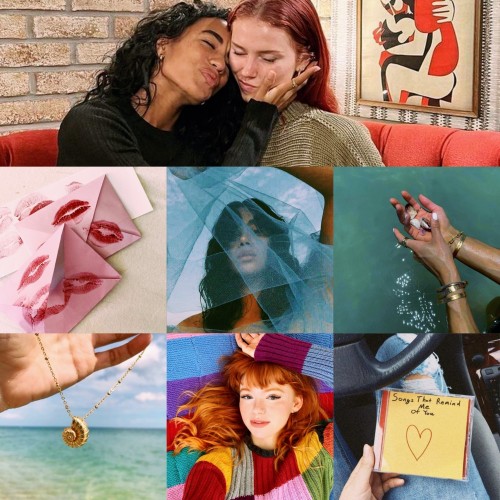 ID: A 7 picture aesthetic moodboard of Ariel and Jasmine in a modern world.  There's a big picture on top and then two lines of three pics.  The one on top are a redhead white woman and a dark skinned woman sitting  on a sofa, the dark skinned lady is holding the redhead's face and leaning closer to kiss her cheek.  The next three pics are a bunch of envelopes with kiss marks on them, a dark skinned woman hiding behind a teal colored fabric and a pair of hands with golden jewelry holding a bunch of seashells over water.  The next three pics are a hand holding a golden seashell necklace with the ocean at the background, a redhead woman with a colorful sweater lying down and smiling at the camera and a CD box with a note saying "Songs that remind me of you" with a heart.  END ID.