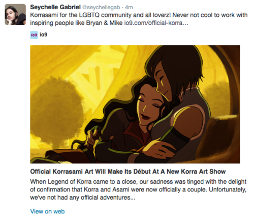 Seychelle tweeting about Bryan’s korrasami art (x)