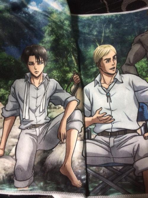 fuku-shuu:  Close-ups of half of the Levi, Eren, Erwin, Mike towel exclusive to Comiket 88! Comiket 88 takes place from August 14th-16th, 2015. ETA: Added the full image! 
