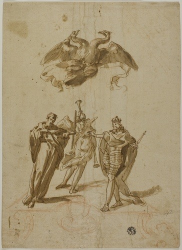 Allegorical Subject: Two-headed Imperial Eagle on Clouds; On Ground, a Draped Figure, a King and a F