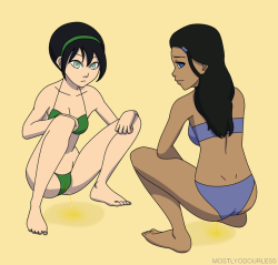 mostlyodourless: Toph and Katara pee in their bikinis. Characters are 18+ 