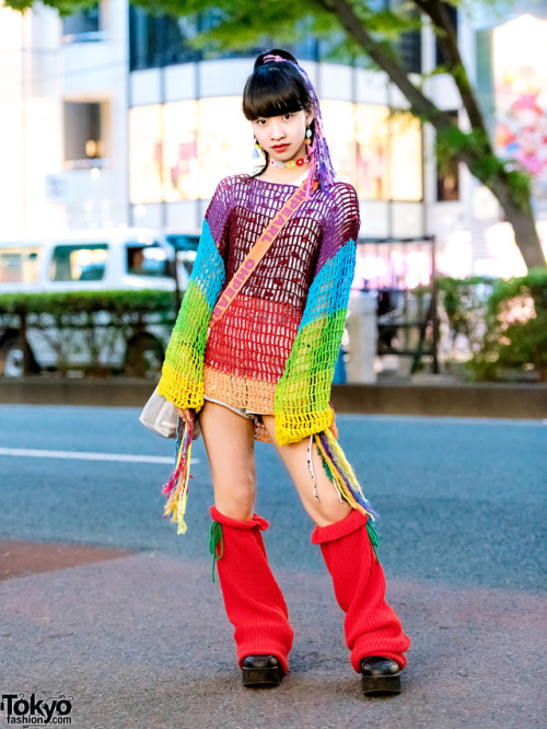 15-year-old Japanese student Yoh on the street in Harajuku wearing a colorful look with a vintage kn