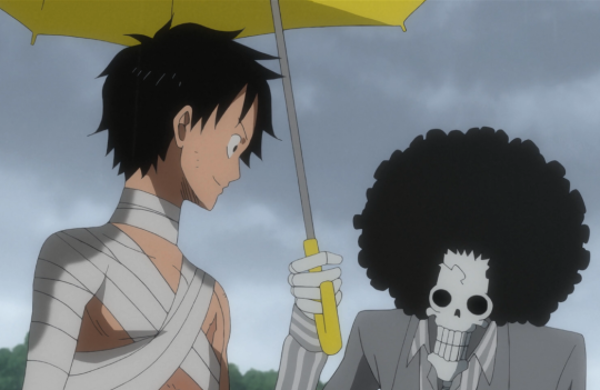 fuckinmanga:  prossima-nebulosa: As I was re-watching one piece film z I remembered why Brook is one of the most beautiful Strawhat members: he’s protecting his captain from the rain, but he’s so tall and the umbrella wouldn’t reach Luffy, so he