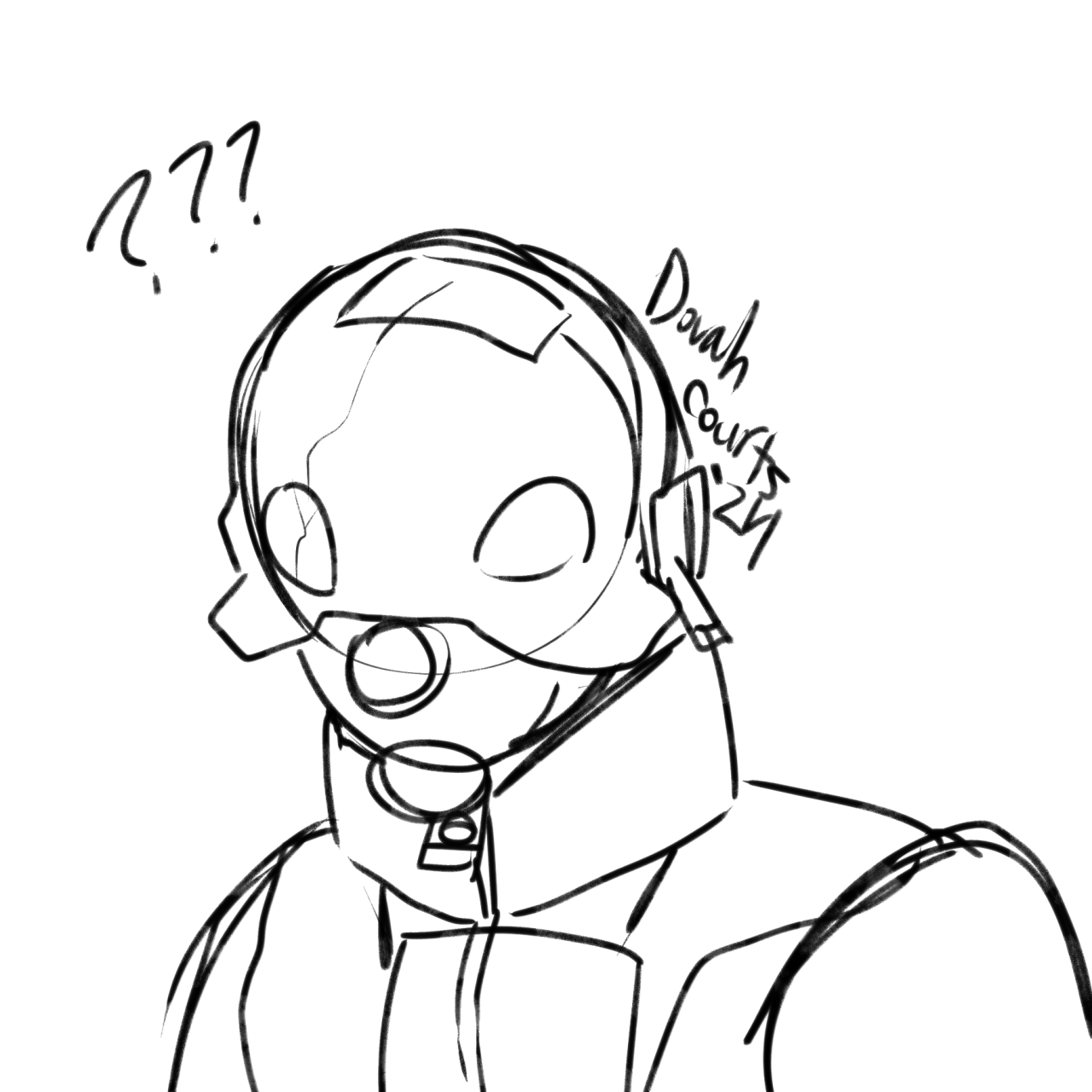 a doodle of Bec from entropy zero uprising, he has tape on the top of his head with cracks leading over to his right lens that is also cracked. three question marks are next to his head