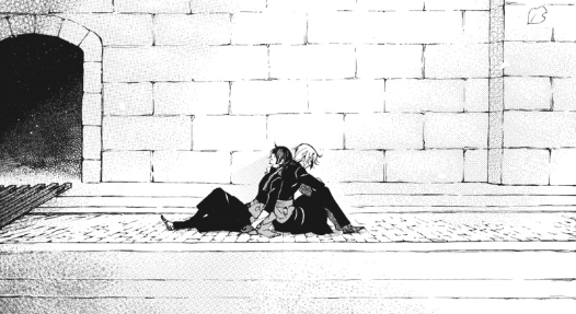A panel from the Case Study of Vanitas manga, showing Vanitas leaning against Noé Archiviste's back as he rests after leaving the Paris catacombs