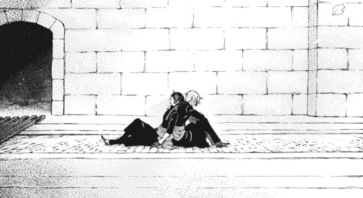 A manga panel showing Vanitas leaning his back against Noé's as they sit outside an entrance to the Paris catacombs