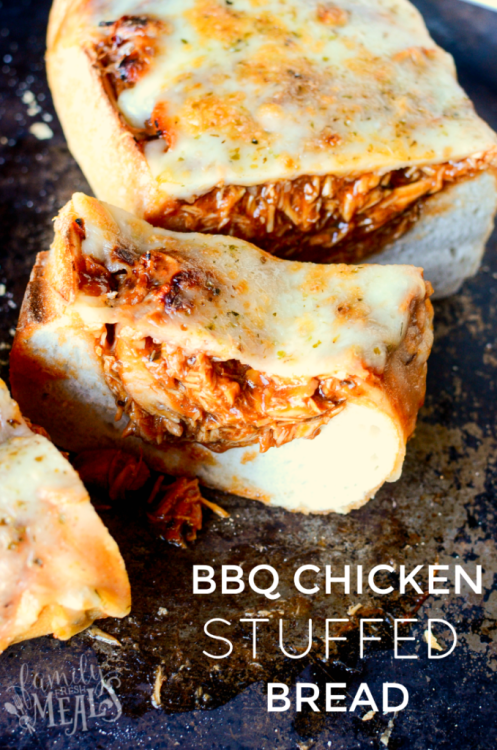 scrumptiousfinds:  BBQ CHICKEN STUFFED BREAD  BBQ Chicken stuffed in bread and topped with cheese. 