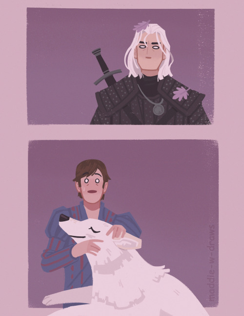 maddie-w-draws:Adventures of Jaskier who thinks a wolf he finds is a cursed Geralt, inspired by this