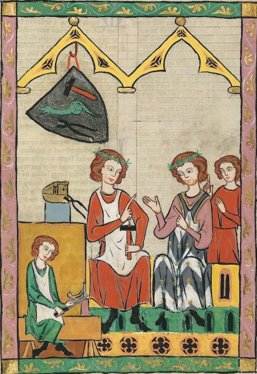 Illustration from the Codex Manesse “Regenbogen in a discussion with another singer, maybe Fra