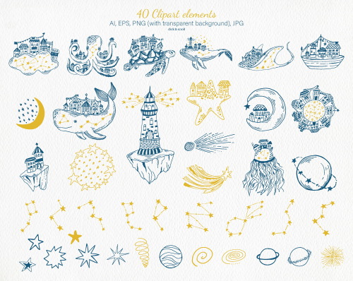 karinkaoli212: Galaxy Town &amp; Sea Animals Clipart and Seamless Patterns - desig