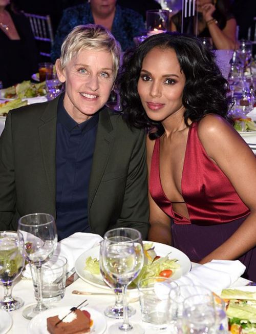 Ellen DeGeneres and actress Kerry Washington attend the 26th Annual GLAAD Media Awards at The Beverl