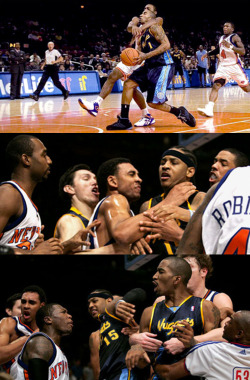 ballislifeofficial:  On this day in history (2006): The Knicks and Nuggets Brawl. NBA scoring leader Carmelo Anthony was suspended 15 games, JR Smith and Nate Robinson were suspended 10 each, Mardy Collins 6, Jared Jeffries 4 and 2 players were suspended