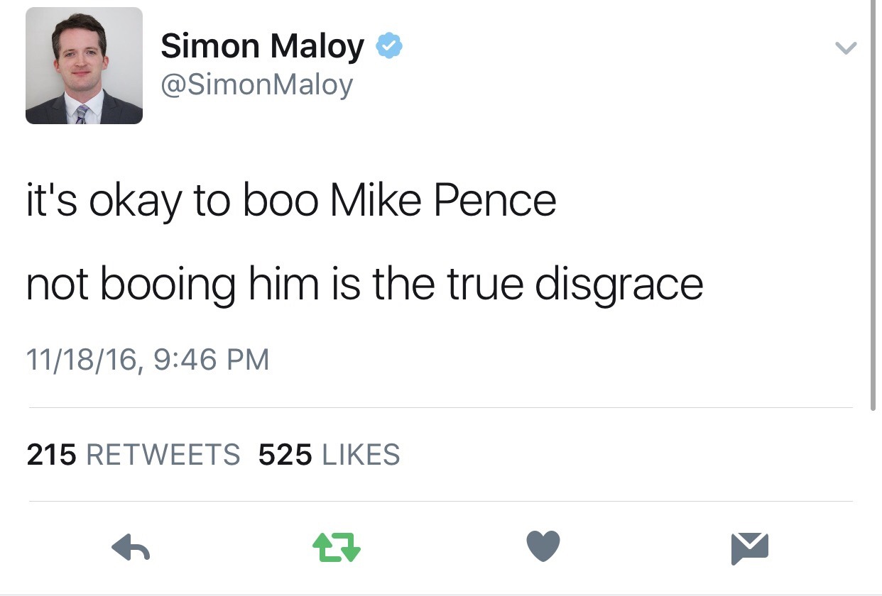 ffuckybarnes:some of my favorite tweets about mike pence seeing hamilton