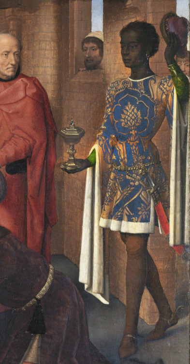 medievalpoc:  Hans Memling Triptych of Jan Floreins (detail)  Germany/Flanders (1479) Oil on oak panel, 46,3 x 57,4 cm (central panel), 48 x 25 cm (each wing)  Groeninge Museum at Saint John’s Hospital, Bruges [source], [source], [entire work] One of