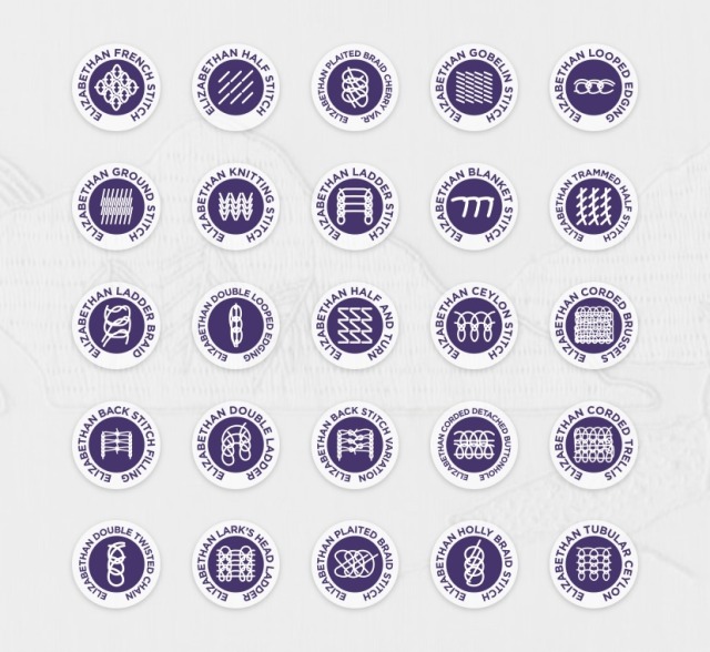 25 round badge icons, each has a stitch name and a line drawing of the general stitch