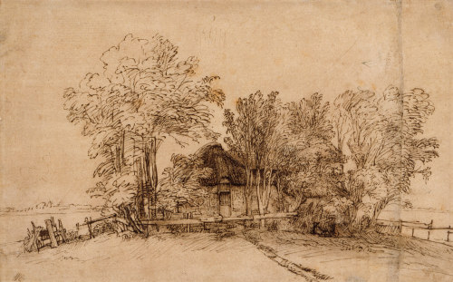 wetreesinart:Rembrandt (Rembrandt van Rijn) (Dutch,1606–1669), Cottage among Trees, ca. 1650. Pen an