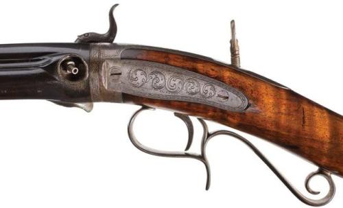 Rotary three barreled percussion revolving rifle, crafted by H. V. Perry, mid 19th century.from Rock