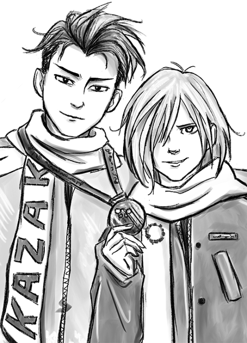 russian-fairy:A little Olympic sketch in black and white because my monitor is broken and shows everything in neon yellow to thank you guys for a new follower milestone! And because I think Yuri would definitely be extra proud of Otabek’s medal :)