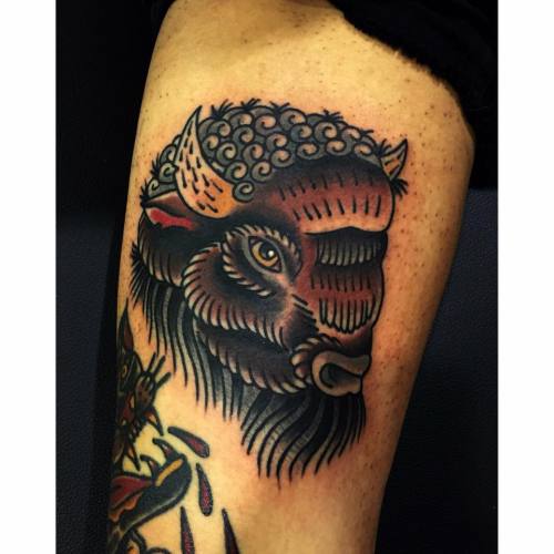 American traditional buffalo head tattoo by Nicholas Green, while he’s out there living that convent