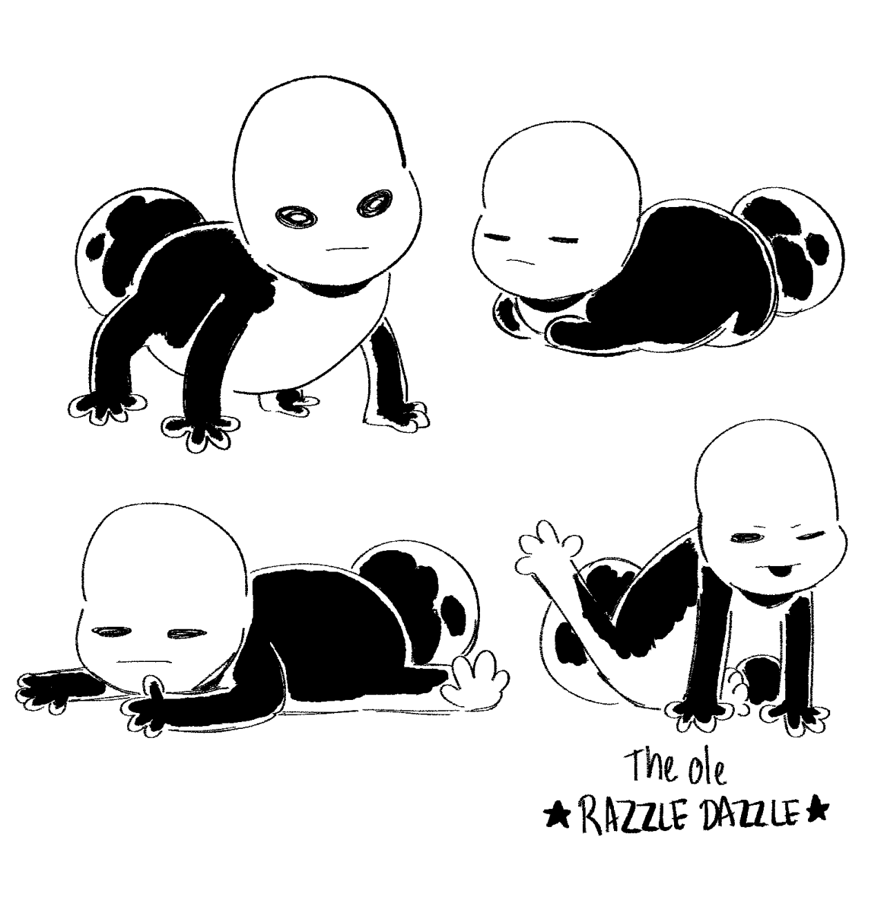 four drawings of Hollow from the animated show Scavengers Reign. the text under the bottom right drawing of Hollow with her back leg sticking up reads: the ole RAZZLE DAZZLE