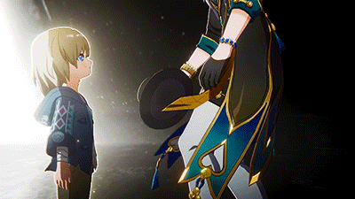 GIF from the cutscene of Aventurine and his younger self at the end of Honkai Star Rail's 2.1 Trailblaze mission. Aventurine kneels in front of his younger self, gently placing a hand on the boy's head.