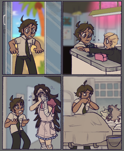a redraw of the tim buckley "loss" meme to feature characters from super danganronpa 2. hajime hinata acts as the main character, fuyuhiko kuzuryu as the receptionist, mikan tsumiki as the doctor, and nagito komaeda as the girlfriend. it is re-enacting chapter 3's despair disease arc.